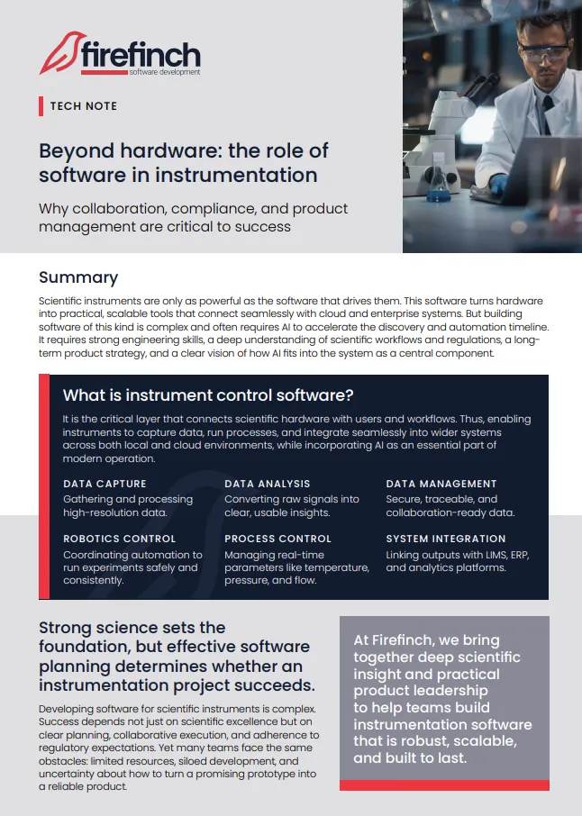 First page of the tech note Beyond hardware: the role of software in instrumentation. It summarises what instrument control software does across data capture, data analysis, data management, robotics control, process control and system integration.