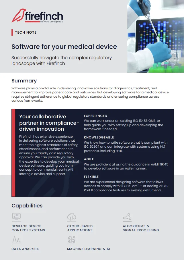 First page of the tech note Software for your medical device, covering work under an ISO 13485 QMS, IEC 62304 compliance, HL7 and FHIR integration, AAMI TIR45 agile development and 21 CFR Part 11.