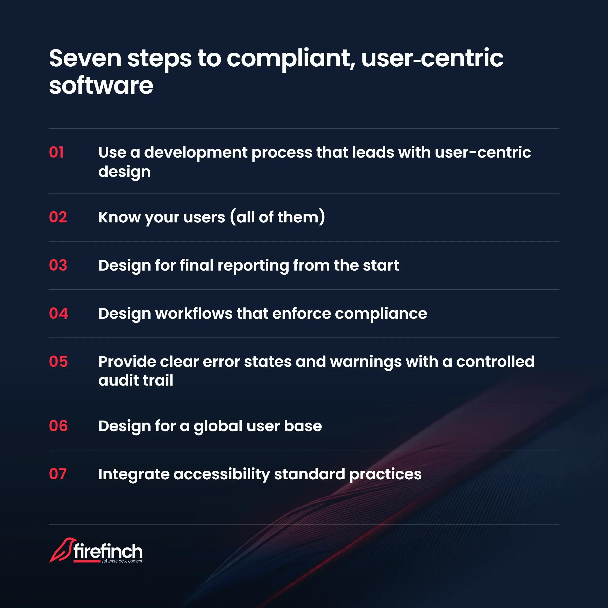 Seven steps to compliant, user-centric software Infographic titled “Seven steps to compliant, user-centric software”: 1) Use a development process that leads with user-centric design, 2) Know your users (all of them), 3) Design for final reporting from the start, 4) Design workflows that enforce compliance, 5) Provide clear error states and warnings with a controlled audit trail, 6) Design for a global user base, 7) Integrate accessibility standard practices.